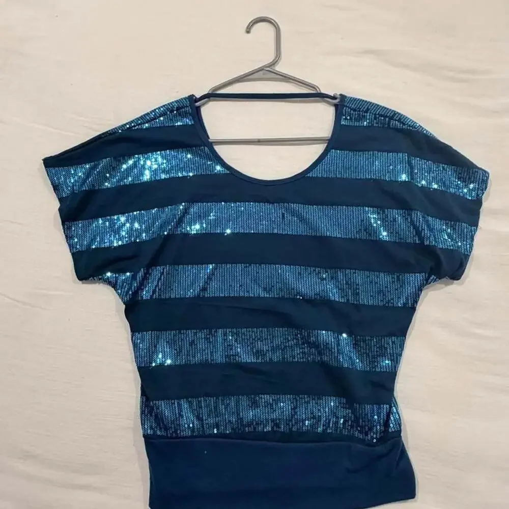 Unbranded Blue Sequin Striped Top Blouse Style MT1195C